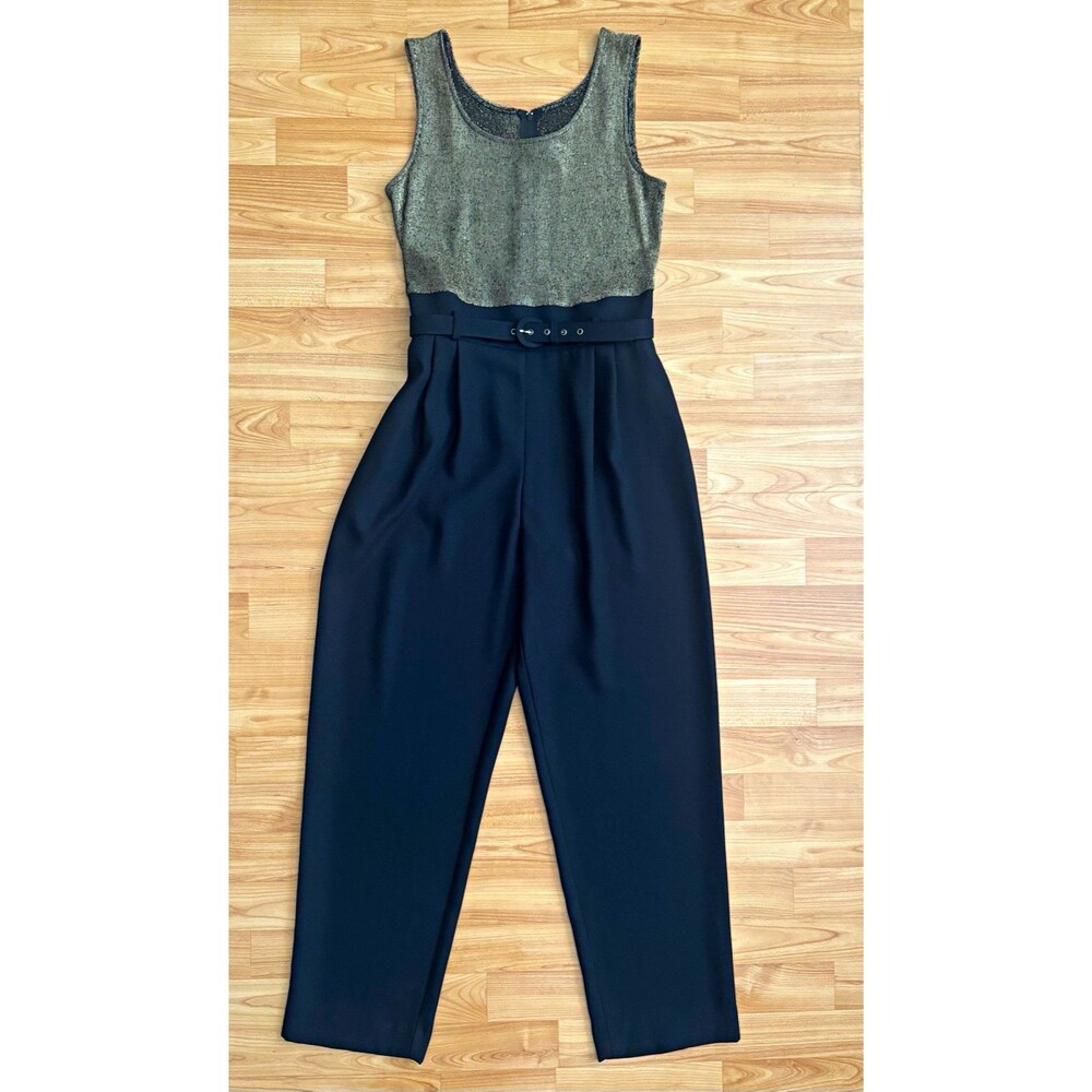 Vintage John Roberts Jumpsuit Black Metallic Gold Lurex Belted Petite 6P